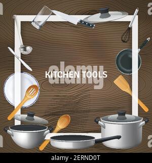 White decorative square frame with realistic kitchen tools on wooden texture background vector illustration Stock Vector