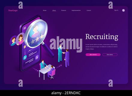 Recruiting isometric landing page. Hiring agency, human resource online service, tiny people at huge smartphone with magnifier and app for research applicant for vacant work place 3d vector web banner Stock Vector