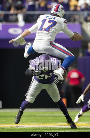 Buffalo Bills quarterback Josh Allen (17) hurdles Minnesota Vikings'  Anthony Barr (55) in the first quarter on Sunday, Sept. 23, 2018 at U.S.  Bank Stadium in Minneapolis, Minn. (Photo by Carlos Gonzalez/Minneapolis  Star Tribune/TNS/Sipa USA Stock Photo