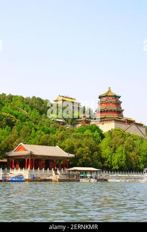 Beautiful landscape with Imperial Summer Palace on hill, Beijing, China. UNESCO world heritage site. View from Kunming (Kunming-Hu) lake Stock Photo