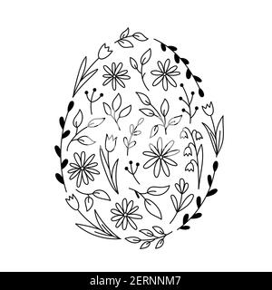 Floral elements in the shape of an Easter egg. Daisies, tulips, spring twigs and leaves in doodle style. Vector hand-drawn illustration. Stock Vector