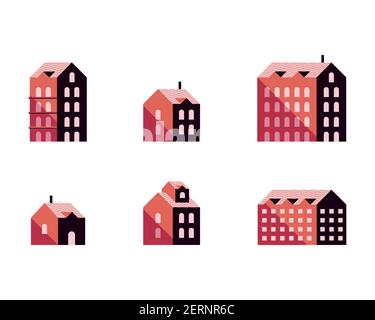 bundle of six buildings red minimal city set icons vector illustration design Stock Vector