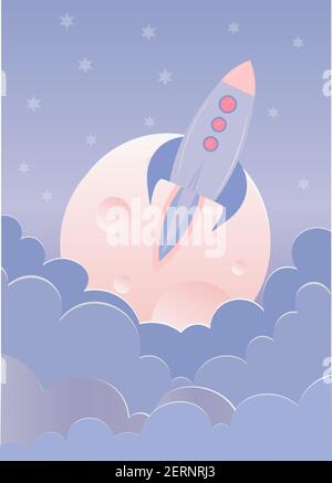 Rocket launch to the moon vector illustration Concept in pastel colours Stock Vector