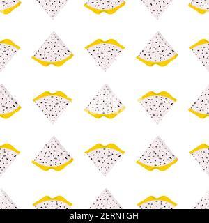 Seamless pattern with fresh cut slices yellow pitaya fruits isolated on white background. Summer fruits for healthy lifestyle. Organic fruit. Cartoon Stock Vector