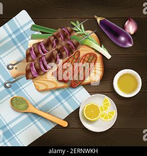 Bbq grilled steaks and kebab on cutting board with herbs and vegetables realistic vector illustration Stock Vector