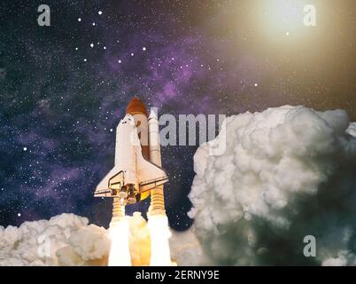 Spaceship takes off into the starry sky. Launch of Space . Elements of this image furnished by NASA