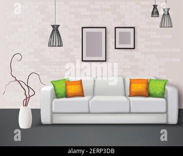 White leather sofa with fantastic green orange pillows brings color in living room realistic interior vector illustration Stock Vector