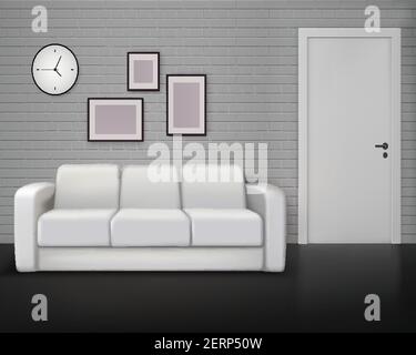 Monochrome home interior design with gray wall white coach black floor contemporary and vintage realistic vector illustration Stock Vector
