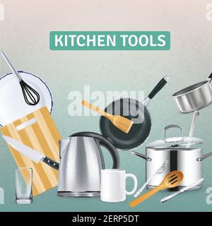 Realistic kitchen supplies with electric kettle and wooden tools on grey textured background vector illustration Stock Vector