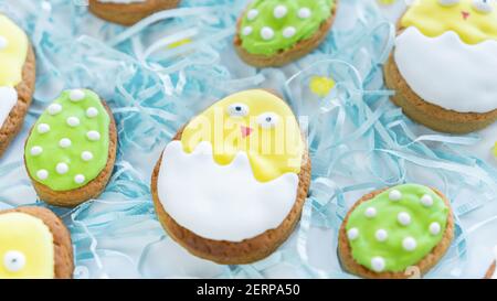 Cute Easter card with egg shaped cookies. Cute chicken sugar cookie. Iced biscuits with bright decor. Easter background with cute biscuits. Creative i Stock Photo