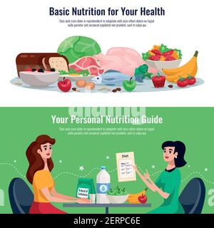 Diet horizontal banners with basic nutrition for good health and personal nutrition guide cartoon vector illustration Stock Vector