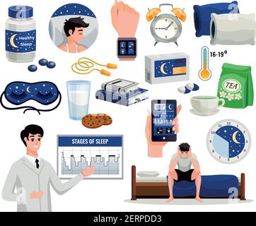 Healthy sleep decorative icons set of alarm night mask doctor showing graph of sleep stages isolated vector illustration Stock Vector