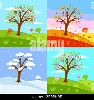 Vector set of seasons illustrations. Summer, autumn, winter, spring - landscapes in a flat style Stock Vector