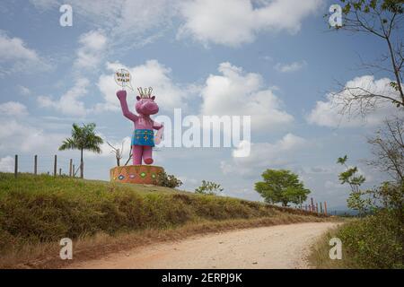 Puerto Triunfo, Colombia. 18th Feb, 2021. A pink hippo statue waves at the 'Hacienda Nápoles' amusement park. The hippos that drug lord Pablo Escobar once brought to Colombia have multiplied so much that the country is looking for a solution for the animals. Credit: Luis Bernardo Cano/dpa/Alamy Live News Stock Photo