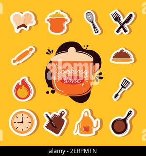 lettering and kitchen tools icons Stock Vector