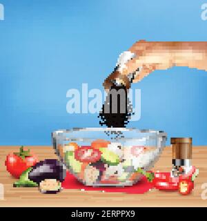 Hand with pepper mill over salad from vegetables in glass bowl on blue background realistic vector illustration Stock Vector