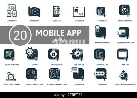 Mobile App Development icon set. Contains editable icons mobile app development theme such as prototype, app coding, app maintenance and more. Stock Vector