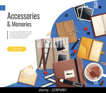 Accessories and memories design concept set of postal envelope film slide folders diary notepad vector illustration Stock Vector