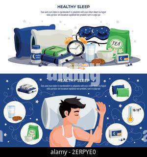 Healthy sleep horizontal banners with young man sleeping on orthopedic pillow soothing tea mask books with recommendations for healthy lifestyle vecto Stock Vector