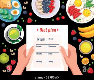 Diet plan cartoon vector illustration with different useful dishes and menu sheet in woman hands Stock Vector