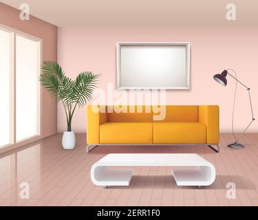 Modern minimalist style living room interior  with corn yellow sofa and white fancy coffee table vector illustration Stock Vector
