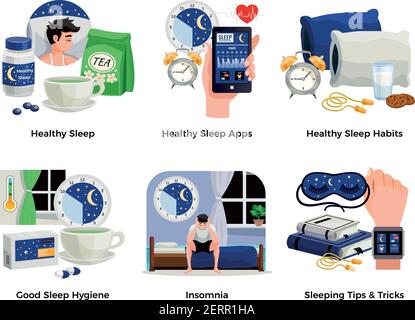 Healthy sleep and insomnia compositions set of habits apps tips tricks good hygiene  isolated vector illustration Stock Vector