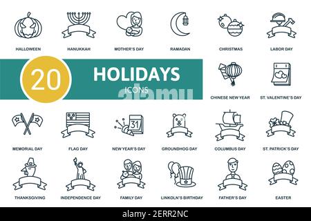 Hollidays icon set. Contains editable icons hollidays theme such as groundhog day, lincoln's birthday, st. patrick's day and more. Stock Vector