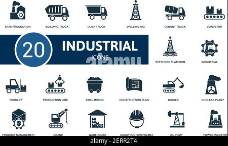Industrial icon set. Contains editable icons industrial theme such as oil pump, power industry, coal mining and more. Stock Vector