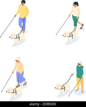 Group of isolated blind people with a cane and a guide dog on a white background. Flat vector isometric illustration. Stock Vector