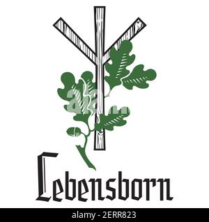 Old Scandinavian rune Algiz and Oak branch with leaves and acorns. Inscription in German Lebensborn - Rune of Life Stock Vector