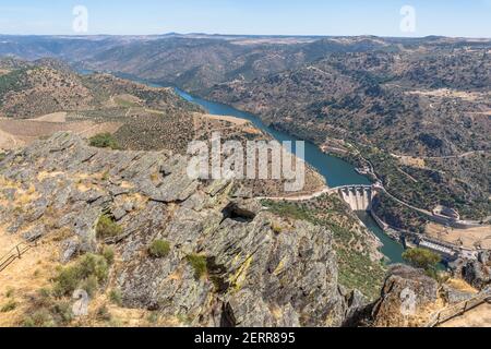 Aerial view from Penedo Durao viewpoint, typical landscape of the International Douro Park, dam on Douro river and highlands in the north of Portugal, Stock Photo