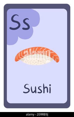 Colorful abc education flash card, Letter S - sushi, asian dish from rice and fish. Alphabet vector illustration with food, fruits and vegetables. School, study, learning concept. Stock Vector
