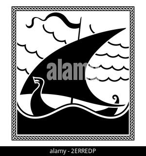 An ancient Scandinavian image of a Viking ship decorated with a dragon head. Drakkar logo Stock Vector
