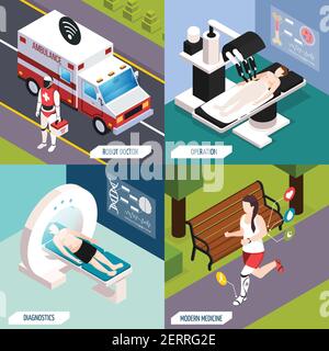 Advanced medical technologies concept 4 isometric icons with robotic doctor and fully automated operation isolated vector illustration Stock Vector
