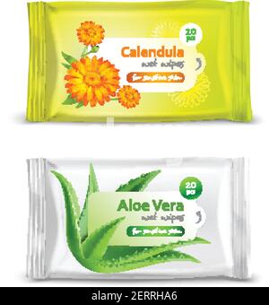 Set of realistic packaging for wet napkins with calendula and aloe vera isolated 3d vector illustration Stock Vector