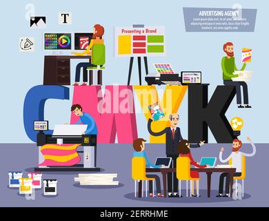 Advertising agency personnel services flat orthogonal colorful composition with designers ads projects presentation and printing vector illustration Stock Vector