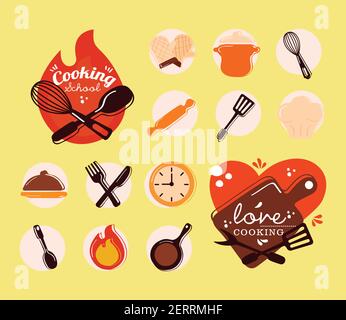 kitchen tools and letterings labels Stock Vector