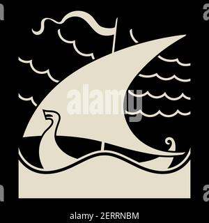 An ancient Scandinavian image of a Viking ship decorated with a dragon head. Drakkar logo Stock Vector
