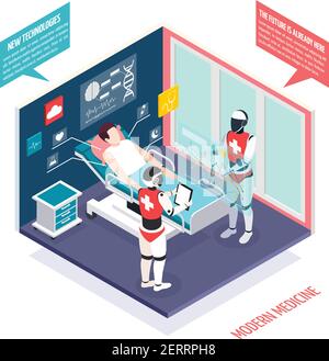 Modern medical technologies in health care isometric composition with two nanorobots preparing patient for surgery vector illustration Stock Vector