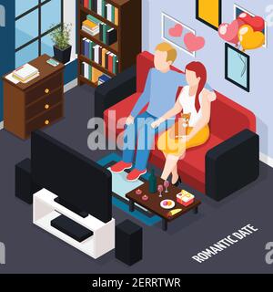 Romantic date dinner for two at home isometric composition with couple on sofa watching tv vector illustration Stock Vector