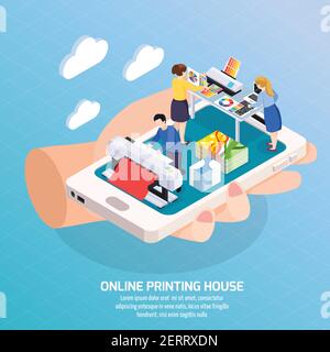 Advertising agency online isometric composition with printing house on smartphone screen in human hand poster vector illustration Stock Vector