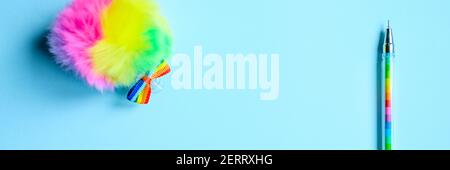 Colorful stationery. multicolored pen on blue background. banner Stock Photo