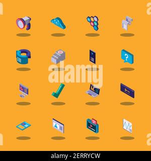 set digital solutions marketing speaker cloud storage security data vector illustration isometric Stock Vector