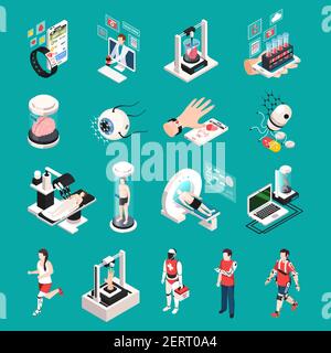 Modern medical technology isometric icons set with organs 3d printing transplantation nanorobots electronic devices isolated vector illustration Stock Vector
