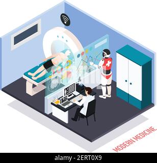 Advanced medical technologies isometric composition with robotic assisted mri scanner diagnostics tests controlled by operator vector illustration Stock Vector