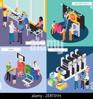 Advertising agency personnel concept isometric 4 icons with designers banners signs installers printing house isolated vector illustration Stock Vector