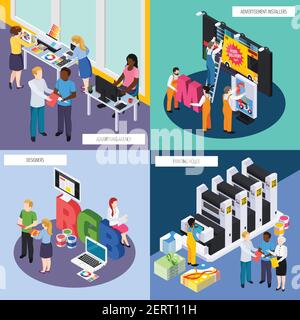 Advertising agency personnel concept isometric 4 icons with designers banners signs installers printing house isolated vector illustration Stock Vector