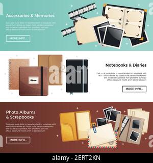 Accessories and memories horizontal banners with photo albums scrapbooks notebooks diaries decorative elements vector illustration Stock Vector