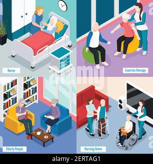 Elderly people nursing home accommodations concept with residents reading lounge exercise therapy medical care isolated vector illustration Stock Vector