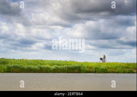 Biker driving on a dike at a Dutch river, North Holland, the Netherlands. Stock Photo